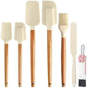 Silicone Spatula Set - 7 Piece Food Grade Rubber Spatula, Heat Resistant Up to 600°F, Wooden Handle Kitchen Utensils Set for Cooking, Baking & Mixing, Jar, Non-Stick Silicone Utensil White Silicone Spatula Set - 7 Piece Food Grade Rubber Spatula, Heat Resistant Up to 600°F, Wooden Handle Kitchen Utensils Set for Cooking, Baking & Mixing, Jar, Non-Stick Silicone Utensil White