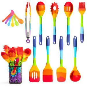 Rainbow Silicone Spatula Bundle with Holder & Measuring Spoons Multicolor Heat-Resistant Cooking Utensils for Nonstick Cookware Flexible Turner, Spoon, Spatula, Brush, FDA Safe Rainbow Silicone Spatula Bundle with Holder & Measuring Spoons Multicolor Heat-Resistant Cooking Utensils for Nonstick Cookware Flexible Turner, Spoon, Spatula, Brush, FDA Safe