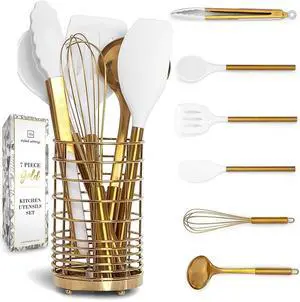 White and Gold Kitchen Utensils Set with Holder, 7-Piece White and Gold Kitchen Utensils Set with Holder, 7-Piece