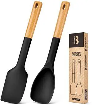 Silicone Spatula and Spoonula Set, Great For Stirring, Tough Mixing and Folding, Sturdy Bpa-Free Matte Silicone, Wooden Handle Rubber Scraper For Nonstick Cookwares (Black) Silicone Spatula and Spoonula Set, Great For Stirring, Tough Mixing and Folding, Sturdy Bpa-Free Matte Silicone, Wooden Handle Rubber Scraper For Nonstick Cookwares (Black)