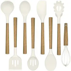 Non-Stick Silicone Kitchen Utensils Set with Natural Acacia Hard Wood Handle, Umite Chef 8 Pieces Kitchen Spatulas set, White, BPA Free, Baking, Serving and Cooking Utensils Non-Stick Silicone Kitchen Utensils Set with Natural Acacia Hard Wood Handle, Umite Chef 8 Pieces Kitchen Spatulas set, White, BPA Free, Baking, Serving and Cooking Utensils