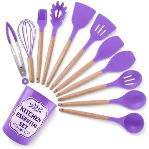 12 Pcs Purple Kitchen Accessories with Holder for Nonstick Cookware 12 Pcs Purple Kitchen Accessories with Holder for Nonstick Cookware