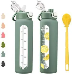 Glass Water Bottles with 2 Lids-Handle Spout Lid & Straw Lid, 1 Liter Motivational Borosilicate Water Bottle with Time Marker and Silicone Sleeve,Leakproof-Olive-1 Pack Glass Water Bottles with 2 Lids-Handle Spout Lid & Straw Lid, 1 Liter Motivational Borosilicate Water Bottle with Time Marker and Silicone Sleeve,Leakproof-Olive-1 Pack