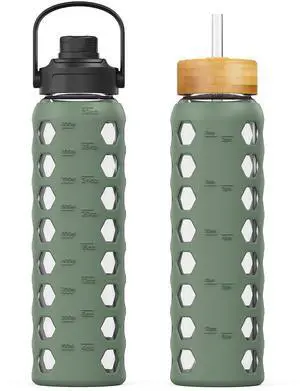 Glass Water Bottle, 32oz, Olive Glass Water Bottle, 32oz, Olive