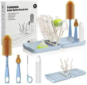 Travel Bottle Cleaner Kit with Foldable Bottle Drying Rack, Blue Travel Bottle Cleaner Kit with Foldable Bottle Drying Rack, Blue