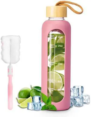 Glass Water Bottles, Water Bottle with Time Marker (pink) Glass Water Bottles, Water Bottle with Time Marker (pink)