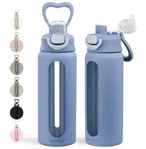 Glass Water Bottle with Silicone Sleeve 24oz with Lid, Motivational Time Marker, Drinking Hydration Glass Bottles for Men Women, Gym Travel Sports (Blue) Glass Water Bottle with Silicone Sleeve 24oz with Lid, Motivational Time Marker, Drinking Hydration Glass Bottles for Men Women, Gym Travel Sports (Blue)