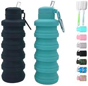 Collapsible water bottles 2 Pack with brush 500ml (Black+Aqua blue) Collapsible water bottles 2 Pack with brush 500ml (Black+Aqua blue)