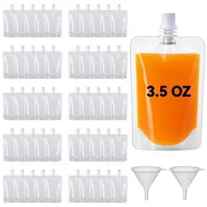Portable Plastic Pouches Bulk Reusable Plastic Juice Pouch Clear PET Squeeze Liquid Pouches Leak Proof Water Drink Bags with 2 Foldable Silicone Funnels for Women Men Party Travel, 3.5 Oz Portable Plastic Pouches Bulk Reusable Plastic Juice Pouch Clear PET Squeeze Liquid Pouches Leak Proof Water Drink Bags with 2 Foldable Silicone Funnels for Women Men Party Travel, 3.5 Oz