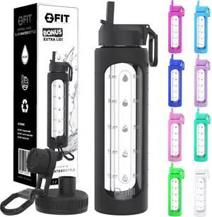 Glass Water Bottle with Time Marker, 2 Lids, Large Reusable Leakproof Glass Water Bottle with Time Marker, 2 Lids, Large Reusable Leakproof