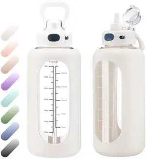 Glass Water Bottle with Straw and Handle Half Gallon Large Water Bottle with Silicone Sleeve and Time Marker Sports Water Jug Wide Mouth for Travel Gym Glass Water Bottle with Straw and Handle Half Gallon Large Water Bottle with Silicone Sleeve and Time Marker Sports Water Jug Wide Mouth for Travel Gym