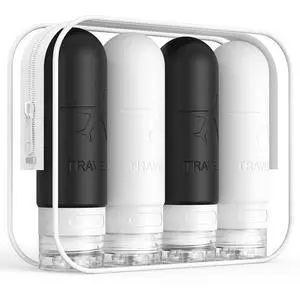 Travel Bottles for Toiletries,3oz Silicone Travel Size Containers, TSA Approved Squeezable Portable Split Bottle, Travel Accessories for Conditioner Shampoo Lotion - 4 Pack Black/White Travel Bottles for Toiletries,3oz Silicone Travel Size Containers, TSA Approved Squeezable Portable Split Bottle, Travel Accessories for Conditioner Shampoo Lotion - 4 Pack Black/White