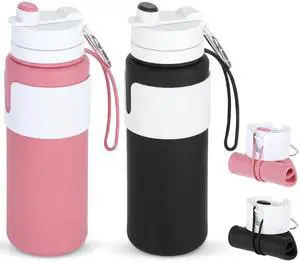 Silicone Collapsible Water Bottle, Portable Foldable Water Bottle Leakproof with Carabiner Reuseable Lightweight for Travel Sports Hiking Camping Cycling Office (Black,Pink) Silicone Collapsible Water Bottle, Portable Foldable Water Bottle Leakproof with Carabiner Reuseable Lightweight for Travel Sports Hiking Camping Cycling Office (Black,Pink)