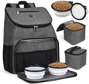 Airline Approved Pet Supplies Backpack, Dog Travel Backpack Accessories Set with 2 Silicone Collapsible Bowls and 2 Food Baskets, Gray Airline Approved Pet Supplies Backpack, Dog Travel Backpack Accessories Set with 2 Silicone Collapsible Bowls and 2 Food Baskets, Gray