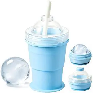 2-in-1 Collapsible Silicone Ice Ball Maker Cup, Reusable Portable Large Ice Sphere Mold with Straw & Lid, Easy to Demo, Leakproof Travel Ice Mold Cup for Bourbon,Cocktails,Juice,Tea & Coffee (Blue) 2-in-1 Collapsible Silicone Ice Ball Maker Cup, Reusable Portable Large Ice Sphere Mold with Straw & Lid, Easy to Demo, Leakproof Travel Ice Mold Cup for Bourbon,Cocktails,Juice,Tea & Coffee (Blue)