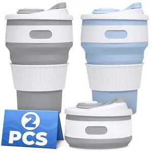 Collapsible Coffee Cup with Lid, 2 Pack, 12 Oz Silicone Travel Mug Collapsible Coffee Cup with Lid, 2 Pack, 12 Oz Silicone Travel Mug