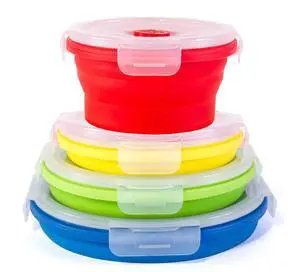 Thin Bins Collapsible Containers Set of 4 Round Silicone Food Storage Containers BPA Free, Microwave, Dishwasher and Freezer Safe - No more cluttered container cabinet! SC-149A Thin Bins Collapsible Containers Set of 4 Round Silicone Food Storage Containers BPA Free, Microwave, Dishwasher and Freezer Safe - No more cluttered container cabinet! SC-149A
