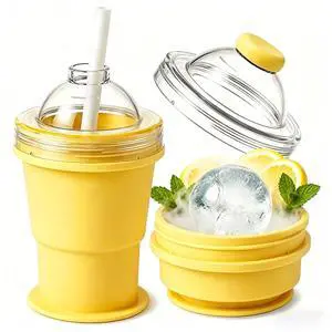 Collapsible Silicone Ice Ball Maker Cup with Straw, Yellow Collapsible Silicone Ice Ball Maker Cup with Straw, Yellow