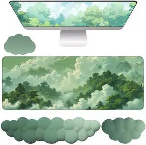 Green Cloud Mouse Pad and Keyboard Wrist Rest 4PCS Extended Forest Mountain Aesthetic Large Desk Mat Pad Set Memory Foam Non-Slip Cute Ergonomic Gaming Mouse Pad Wrist Support for Computer Home Office Green Cloud Mouse Pad and Keyboard Wrist Rest 4PCS Extended Forest Mountain Aesthetic Large Desk Mat Pad Set Memory Foam Non-Slip Cute Ergonomic Gaming Mouse Pad Wrist Support for Computer Home Office