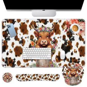 Keyboard Mouse Pad Set, 4 in 1 Desk Mat Set Highland Cow Keyboard Mouse Pad Set, 4 in 1 Desk Mat Set Highland Cow