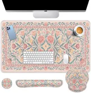 Keyboard Mouse Pad Set, 4 in 1 Desk Mat Set, Pink Floral Keyboard Mouse Pad Set, 4 in 1 Desk Mat Set, Pink Floral
