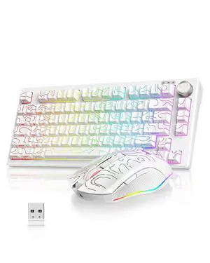 Wireless Keyboard and Mouse Combo,75% Membrane Side-Engraved Keyboard,Optical Gaming Mouse with 4800DPI,3 Modes(BT/2.4G/Wired),Dual System,RGB Backlit,Rechargeable Battery,Contour White Wireless Keyboard and Mouse Combo,75% Membrane Side-Engraved Keyboard,Optical Gaming Mouse with 4800DPI,3 Modes(BT/2.4G/Wired),Dual System,RGB Backlit,Rechargeable Battery,Contour White