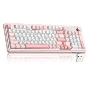 Wireless Keyboard, 98 Keys Tri-Mode BT/2.4G/Wired Membrane Gaming Keyboard, RGB Creamy Keyboard with Number Pad, Knob Control, 4000mAh Battery - Sakura Pink Wireless Keyboard, 98 Keys Tri-Mode BT/2.4G/Wired Membrane Gaming Keyboard, RGB Creamy Keyboard with Number Pad, Knob Control, 4000mAh Battery - Sakura Pink