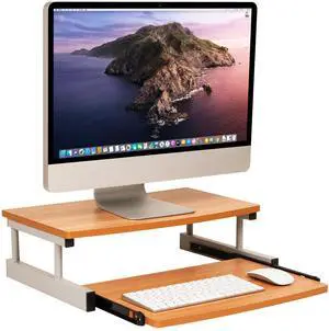 Monitor Stand, Sliding Keyboard Drawer, Laptop, Riser, Office, Wood/Metal, 20"L x 14.75"W x 5.9"H, Brown, Silver Monitor Stand, Sliding Keyboard Drawer, Laptop, Riser, Office, Wood/Metal, 20"L x 14.75"W x 5.9"H, Brown, Silver