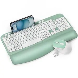 Wireless Keyboard and Mouse Combo, Full-Sized Ergonomic Wave Keys Keyboard with Memory Foam Wrist Rest & Phone Holder, 2.4G Quiet Keyboard Mouse Work Setup for PC Laptop, Office or Home (Mint Green) Wireless Keyboard and Mouse Combo, Full-Sized Ergonomic Wave Keys Keyboard with Memory Foam Wrist Rest & Phone Holder, 2.4G Quiet Keyboard Mouse Work Setup for PC Laptop, Office or Home (Mint Green)