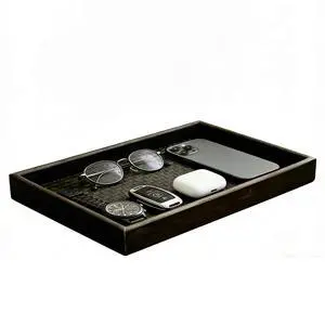Dark Walnut Finish Wooden Valet Tray with Black Woven Faux Leather Base, MDF Construction, Nightstand Catchall Organizer Desk Tray for Men, Keys, Wallet, Watch & Accessories Dark Walnut Finish Wooden Valet Tray with Black Woven Faux Leather Base, MDF Construction, Nightstand Catchall Organizer Desk Tray for Men, Keys, Wallet, Watch & Accessories