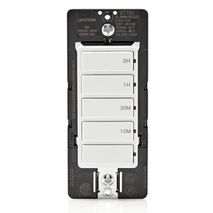 Countdown Timer Switch for household lights and exhaust fans, 15-30 min, 1-2 hour, No Neutral Wire Required, Single Pole, 15A, 1/2HP/9.8A Fan/Motor, DT102-1LW, White Countdown Timer Switch for household lights and exhaust fans, 15-30 min, 1-2 hour, No Neutral Wire Required, Single Pole, 15A, 1/2HP/9.8A Fan/Motor, DT102-1LW, White