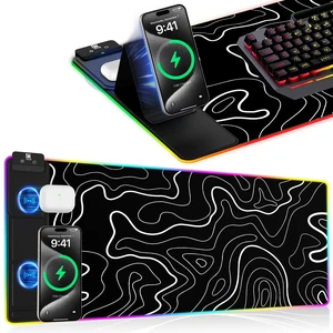 XXL Mouse Pad with Phone Holder - Black, RGB Desk Mat with 15W Fast Charging, LED Gaming Mousepad with 11 Light Colors, Waterproof Non-Slip Pad for Office & Home (Topographic) XXL Mouse Pad with Phone Holder - Black, RGB Desk Mat with 15W Fast Charging, LED Gaming Mousepad with 11 Light Colors, Waterproof Non-Slip Pad for Office & Home (Topographic)