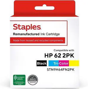 STAPLES Remanufactured Black/Tri-Color Standard Yield Ink Cartridge Compatible for HP 62, 2 Pack STAPLES Remanufactured Black/Tri-Color Standard Yield Ink Cartridge Compatible for HP 62, 2 Pack