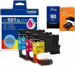 Brother Genuine LC501XL 3-Pack Color High Yield Ink Cartridges (Cyan, Magenta, Yellow) Bundle with Deco Essentials Printer eBook for MFC-J1260DW MFC-J1360DW MFC-J1410DW Brother Genuine LC501XL 3-Pack Color High Yield Ink Cartridges (Cyan, Magenta, Yellow) Bundle with Deco Essentials Printer eBook for MFC-J1260DW MFC-J1360DW MFC-J1410DW