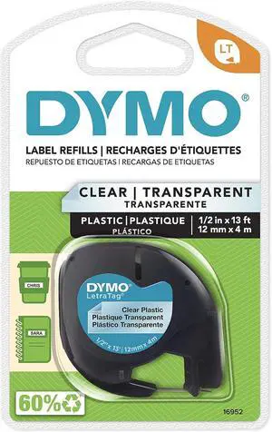 DYMO - DYM16952 Authentic LetraTag Labeling Tape for LetraTag Label Makers, Black Print on Clear pastic Tape, 1/2'' W x 13' L, 1 roll (16952) (Pack of 5) DYMO - DYM16952 Authentic LetraTag Labeling Tape for LetraTag Label Makers, Black Print on Clear pastic Tape, 1/2'' W x 13' L, 1 roll (16952) (Pack of 5)