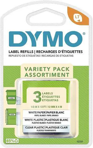 DYMO LT Labels Variety Pack 1/2-Inch x 13-Foot Rolls Black Print 3 Rolls for LetraTag Label Makers (Pack of 12) DYMO LT Labels Variety Pack 1/2-Inch x 13-Foot Rolls Black Print 3 Rolls for LetraTag Label Makers (Pack of 12)