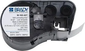 Brady - 143261 M-102-427 Vinyl B-427 Black on White/Clear Label Maker Cartridge, 1/2" Width x 1-1/4" Height, 0.375" Printable Area, for BMP51/BMP53 Printers Brady - 143261 M-102-427 Vinyl B-427 Black on White/Clear Label Maker Cartridge, 1/2" Width x 1-1/4" Height, 0.375" Printable Area, for BMP51/BMP53 Printers