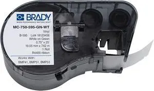 Brady MC-750-595-GN-WT Vinyl B-595 White on Green Label Maker Cartridge, 25' Width x 3/4" Height, For BMP51/BMP53 Printers Brady MC-750-595-GN-WT Vinyl B-595 White on Green Label Maker Cartridge, 25' Width x 3/4" Height, For BMP51/BMP53 Printers