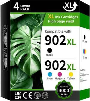 902XL High Yield Ink Cartridge Replacement for HP902XL HP902 902 XL Combo Pack Compatible with HP OfficeJet Pro 6960 6962 6968 6970 6974 6975 (Black Cyan Magenta Yellow 4 Pack) 902XL High Yield Ink Cartridge Replacement for HP902XL HP902 902 XL Combo Pack Compatible with HP OfficeJet Pro 6960 6962 6968 6970 6974 6975 (Black Cyan Magenta Yellow 4 Pack)