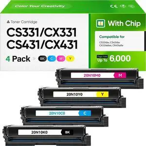 20N10 Toner Cartridge 4 Color Set Replacement for Lexmark 20N10K0 20N10C0 20N10M0 20N10Y0 with New Chip, Compatible with CS331dw CX331adwe CS431dw CX431adw Printers Ink 1500 Pages High Yield (4-Pack) 20N10 Toner Cartridge 4 Color Set Replacement for Lexmark 20N10K0 20N10C0 20N10M0 20N10Y0 with New Chip, Compatible with CS331dw CX331adwe CS431dw CX431adw Printers Ink 1500 Pages High Yield (4-Pack)