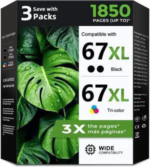 67XL Ink Cartridges 3-Pack Replacement for HP Ink 67 XL HP67 HP67XL Cartridge Black/Color Combo Pack for 2700 2852e 2855e 4155e 2755e 2734e 4100 2700e 4100e 6400 2752 2752e 6055e 2742e 6458e Printer 67XL Ink Cartridges 3-Pack Replacement for HP Ink 67 XL HP67 HP67XL Cartridge Black/Color Combo Pack for 2700 2852e 2855e 4155e 2755e 2734e 4100 2700e 4100e 6400 2752 2752e 6055e 2742e 6458e Printer