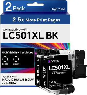 LC501XL Ink Cartridges Compatible with Brother LC501/LC501XL, for Brother MFC-J1360DW, MFC-J1260W, MFC-J1260DW, MFC-J1410DW Printers, 2-Pack, Black LC501XL Ink Cartridges Compatible with Brother LC501/LC501XL, for Brother MFC-J1360DW, MFC-J1260W, MFC-J1260DW, MFC-J1410DW Printers, 2-Pack, Black