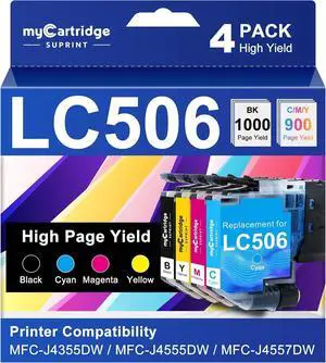 LC506 Ink Cartridges High Yield Compatible for Brother LC506 LC506XL LC 506 XL Work for Brother MFC-J4555DW MFC-J4355DW MFC-J4557DW Printer LC506 (4 Pack, Black, Cyan, Magenta, Yellow) LC506 Ink Cartridges High Yield Compatible for Brother LC506 LC506XL LC 506 XL Work for Brother MFC-J4555DW MFC-J4355DW MFC-J4557DW Printer LC506 (4 Pack, Black, Cyan, Magenta, Yellow)