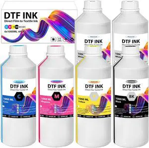 DTF Ink - 6000ML DTF Transfer Ink for PET Film, Premium Pigment Ink Refill for P600 P800 DX5 DX7 R1390 XP600 i3200 4720 Printers, High Fluidity & Coverage (1000ML*6, 2W+BKCMY) DTF Ink - 6000ML DTF Transfer Ink for PET Film, Premium Pigment Ink Refill for P600 P800 DX5 DX7 R1390 XP600 i3200 4720 Printers, High Fluidity & Coverage (1000ML*6, 2W+BKCMY)