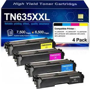 TN635XXL Toner Cartridge TN635XL TN635 Compatible for Brother HL-L8430CDW HL-L8430CDWT HL-L8570CDW MFC-L8930CDW MFC-L8970CDW MFC-EX575 MFC-L8730CDW Printers High Yield 7,500 Pages (4 Pack, BK,C,M,Y) TN635XXL Toner Cartridge TN635XL TN635 Compatible for Brother HL-L8430CDW HL-L8430CDWT HL-L8570CDW MFC-L8930CDW MFC-L8970CDW MFC-EX575 MFC-L8730CDW Printers High Yield 7,500 Pages (4 Pack, BK,C,M,Y)