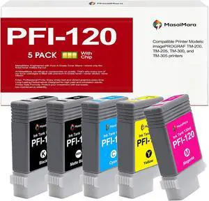 MasaiMara PFI-120 PFI120 High Capacity Compatible Ink Cartridges Pigment Tank Bundle for Canon TM-200, TM-205, TM-300, TM-305 Printer (Matte Black, Black, Cyan, Magenta, Yellow, 5-Pack) MasaiMara PFI-120 PFI120 High Capacity Compatible Ink Cartridges Pigment Tank Bundle for Canon TM-200, TM-205, TM-300, TM-305 Printer (Matte Black, Black, Cyan, Magenta, Yellow, 5-Pack)