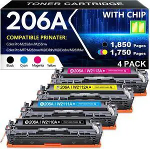 206A Toner Cartridge 4 Pack for HP Color LaserJet Pro MFP M283fdw 206A Toner Cartridge 4 Pack for HP Color LaserJet Pro MFP M283fdw