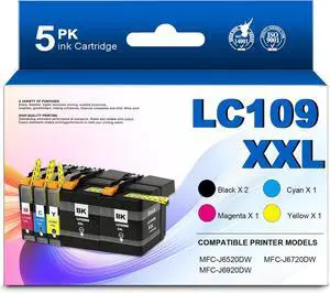 LC109 LC109XXL (5Pack, 2BK/1C/1M/1Y) Ultra High Yield Ink Cartridges Replacement for Brother LC109BK LC105C LC105M LC105Y Work for MFC-J6520DW MFC-J6720DW MFC-J6920DW Printer LC109 LC109XXL (5Pack, 2BK/1C/1M/1Y) Ultra High Yield Ink Cartridges Replacement for Brother LC109BK LC105C LC105M LC105Y Work for MFC-J6520DW MFC-J6720DW MFC-J6920DW Printer