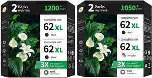 62XL Ink Cartridges 4-Pack Replacement for HP 62 XL Black Color Combo Pack for HP62 HP62XL with Printer Envy 5540 5542 5544 5545 5640 5642 5660 5664 5665 7640 7645 8000 OfficeJet 200 250 5740 5742 574 62XL Ink Cartridges 4-Pack Replacement for HP 62 XL Black Color Combo Pack for HP62 HP62XL with Printer Envy 5540 5542 5544 5545 5640 5642 5660 5664 5665 7640 7645 8000 OfficeJet 200 250 5740 5742 574
