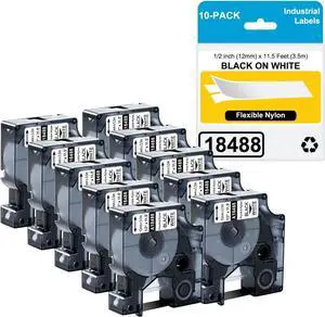 10-Pack Compatible for Dymo 18488 Black on White Label Flexible Nylon Industrial Label Tapes Use with DYMO Rhino Pro 4200 5200 5000 6000 Label Maker, 1/2'' x 11.5' (12mm x 3.5m) 10-Pack Compatible for Dymo 18488 Black on White Label Flexible Nylon Industrial Label Tapes Use with DYMO Rhino Pro 4200 5200 5000 6000 Label Maker, 1/2'' x 11.5' (12mm x 3.5m)